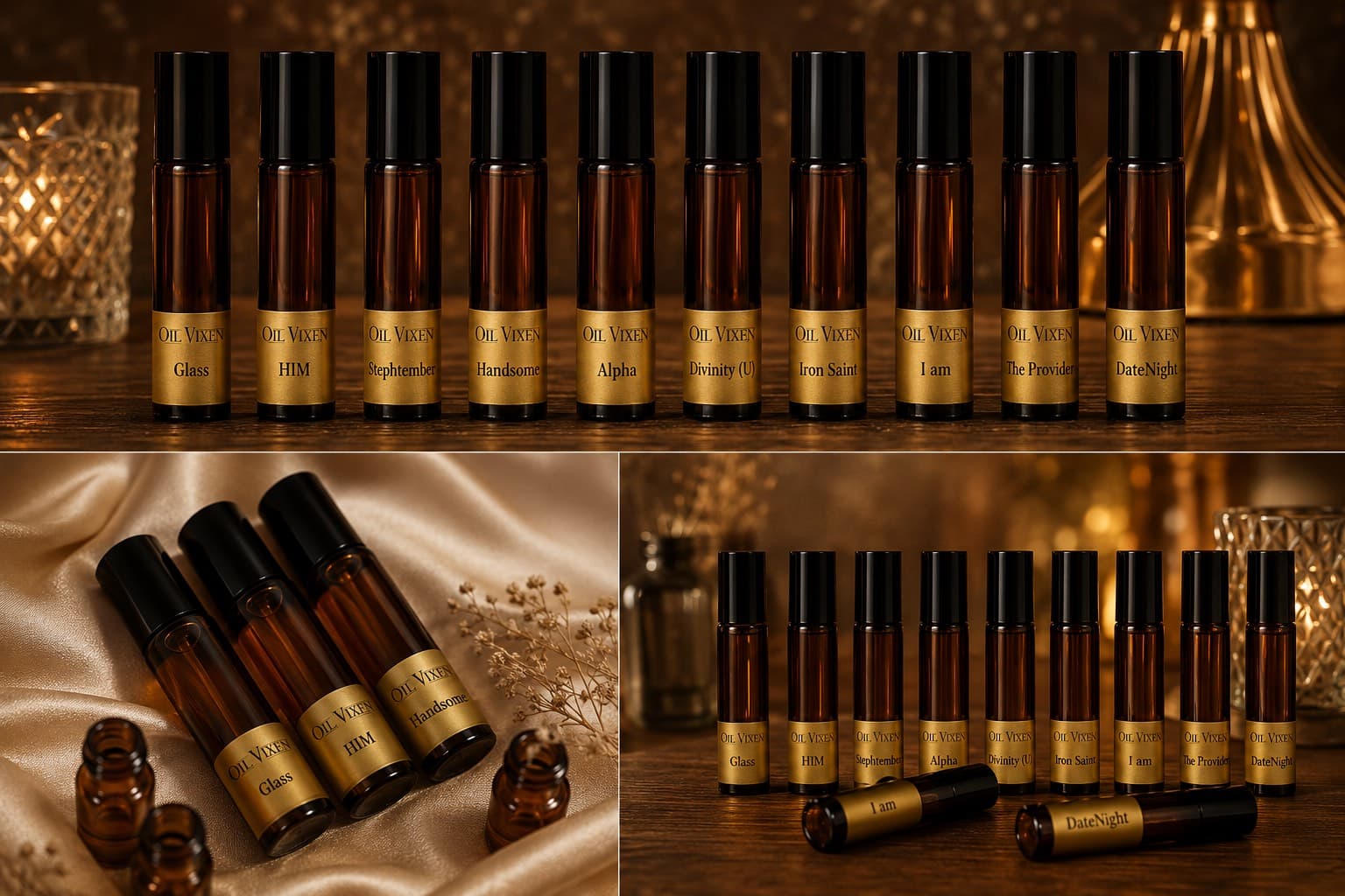 Oil Vixen fragrance oil collection on a gold tray