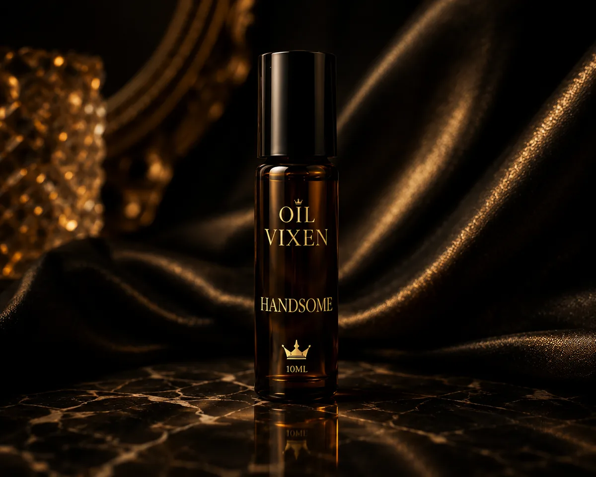 Oil Vixen HANDSOME fragrance oil bottle on dark satin